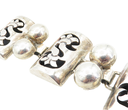 MEXICO 925 Silver  Vintage Dark Tone Cutout Dome Link Chain Bracelet  BT3956