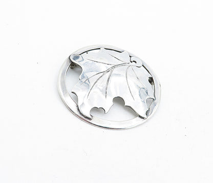 925 Sterling Silver  Vintage Shiny Single Autumn Leaf Round Brooch Pin  BP1986