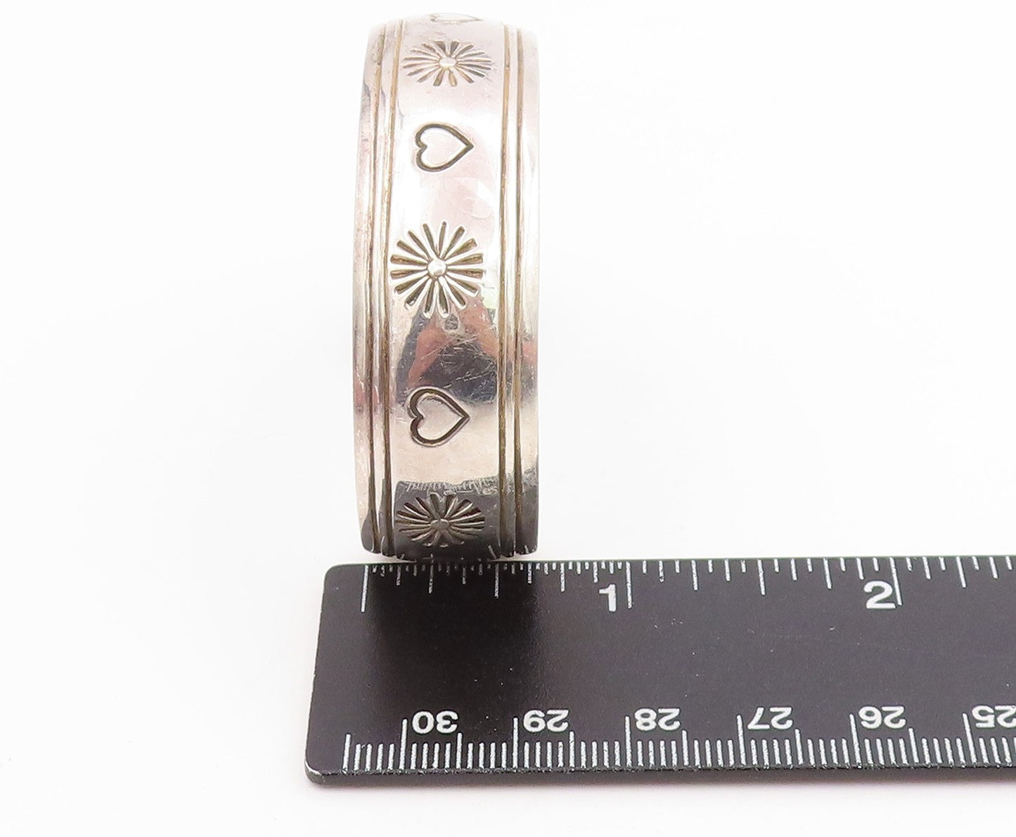 925 Sterling Silver Vintage Bracelet NAVAJO Etched Sun & Love Heart Cuff BT11448