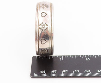 925 Sterling Silver Vintage Bracelet NAVAJO Etched Sun & Love Heart Cuff BT11448