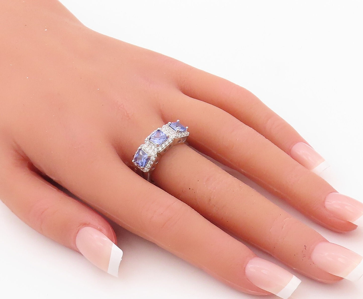 925 Sterling Silver Vintage Ring Square Cut Blue Halo White CZ  Sz 7  RG29937