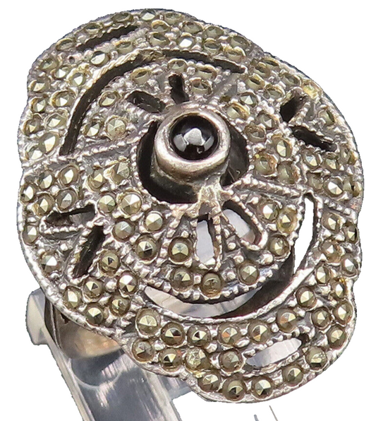 925 Silver  Vintage Black Onyx & Marcasite Art Deco Ring Sz 5.5  RG25930