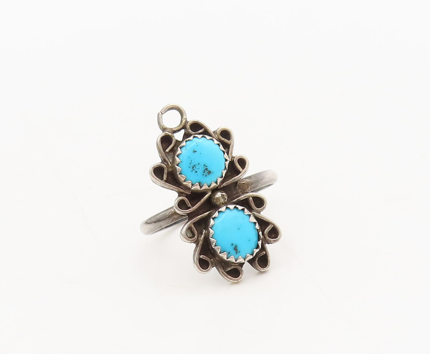 925 Silver Vintage Southwestern Turquoise Swirly Flowers Ring Sz 7 RG27237