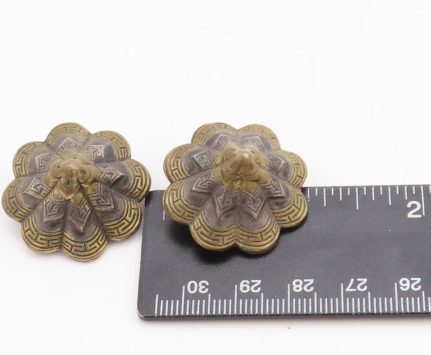 925 Sterling Silver Vintage Earrings Dark Tone floral Carved Dome  EG13300