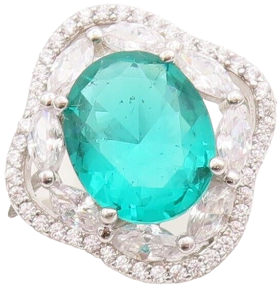 925 Sterling Silver Vintage Ring Floral Carved Aquamarine & CZ  Sz 7.5  RG29287