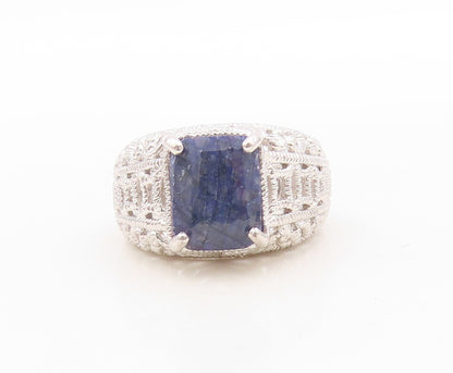 925 Sterling Silver Vintage Ring Designer Cutout Rectangle Sapphire Sz 7 RG30894