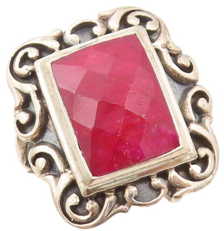 925 Sterling Silver Vintage Ring Red Gemstone Swirly Carved Frame Sz 8  RG30280