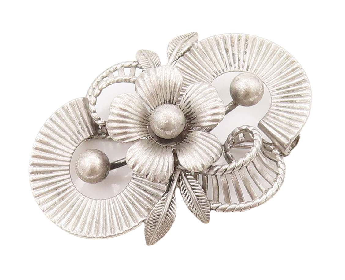 925 Sterling Silver Vintage Brooch Pin VAN DELL Grooved Floral Design  BP11163
