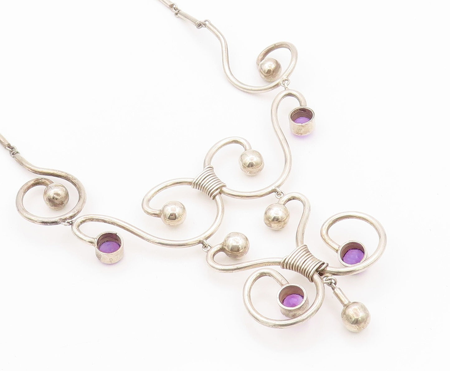 925 Sterling Silver Vintage Necklace MEXICO Amethyst Swirls Cutout  NE4488