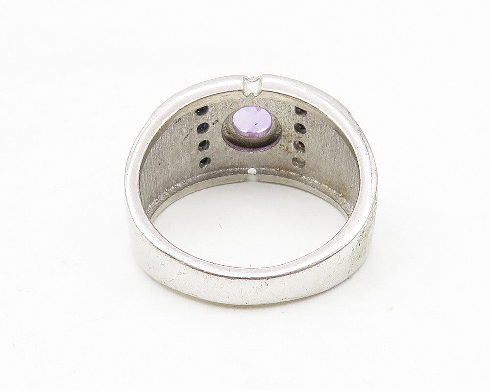 925 Sterling Silver  Amethyst & Sapphire Shiny Round Band Ring Sz 7  RG10355