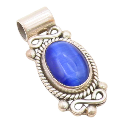 925 Silver  Vintage Twisted Rope & Swirl Edge Blue Cat's Eye Pendant  PT21564