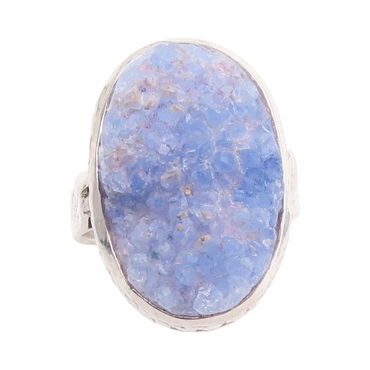 925 Sterling Silver Vintage Ring Oval Shape Blue Drusy Quartz  Sz 7  RG32797