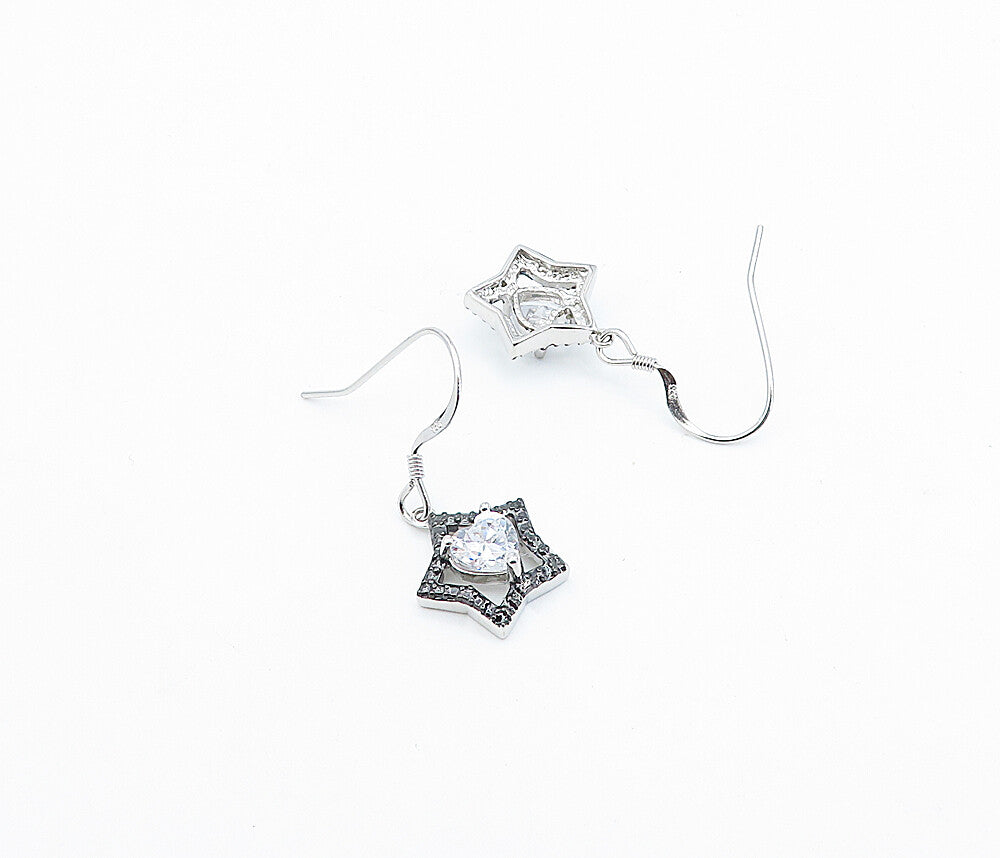 925 Sterling Silver  Shiny Round Sapphire Two Tone Star Drop Earrings  EG2105