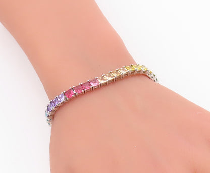 925 Sterling Silver Vintage Bracelet Rainbow Gemstones Tennis Chain  BT11549