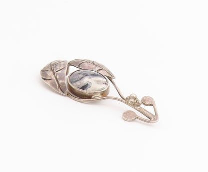 925 Sterling Silver Vintage Pendant Modernist Agate Etched Autumn Leaf  PT26538