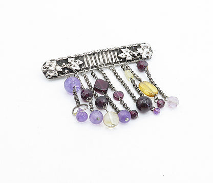 925 Sterling Silver  Vintage Dangling Amethyst & Topaz  Brooch Pin  BP1767