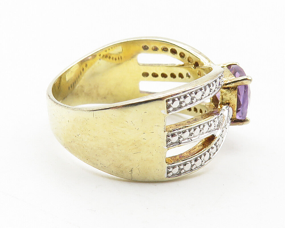 925 Sterling Silver  Amethyst & Genuine Diamond 2 Tone Band Ring Sz 8  RG11562
