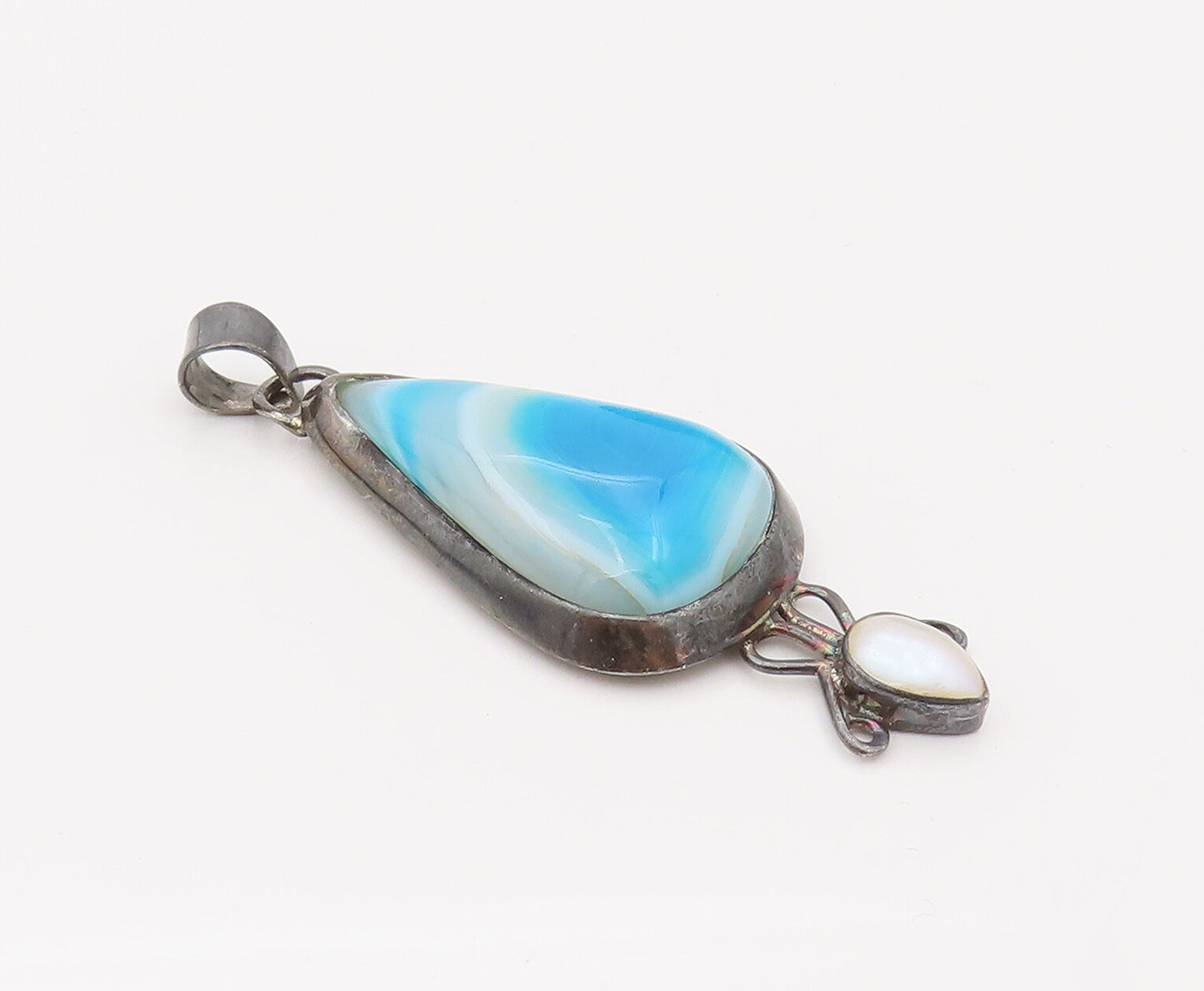 925 Silver  Vintage Blue and white Shaded Pearl Drop Shape Pendant  PT22055