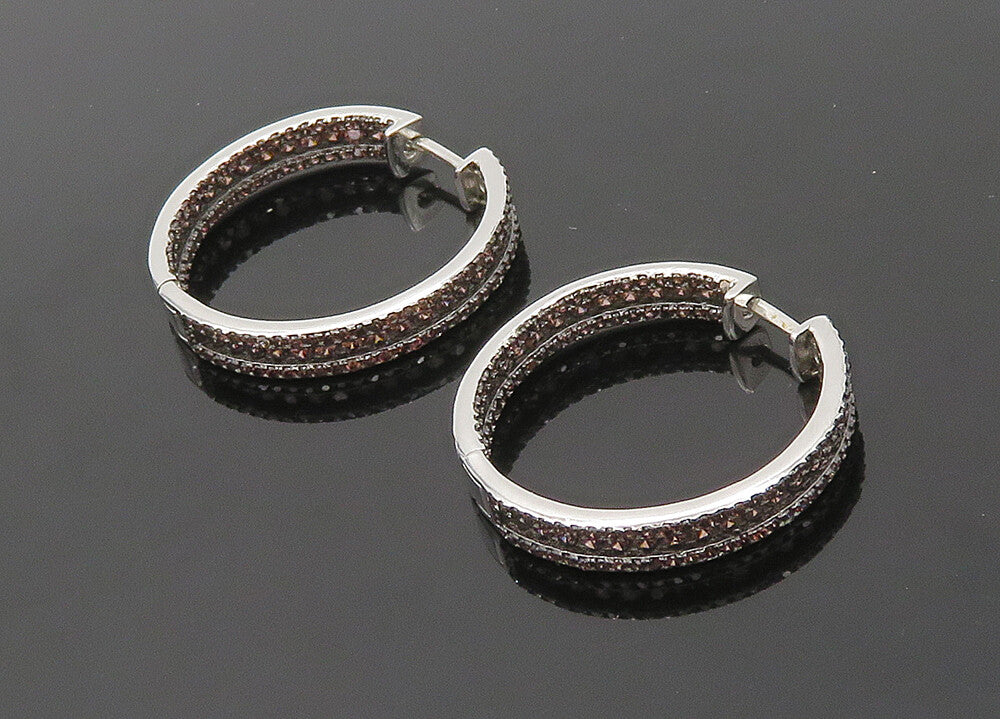 925 Sterling Silver  Vintage Garnet Shiny Round Hoop Earrings  EG10424