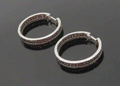 925 Sterling Silver  Vintage Garnet Shiny Round Hoop Earrings  EG10424