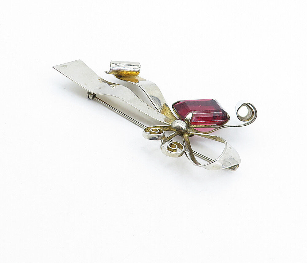 925 Sterling Silver  Vintage Pink Topaz Bow Tied Ribbon Brooch Pin  BP2596