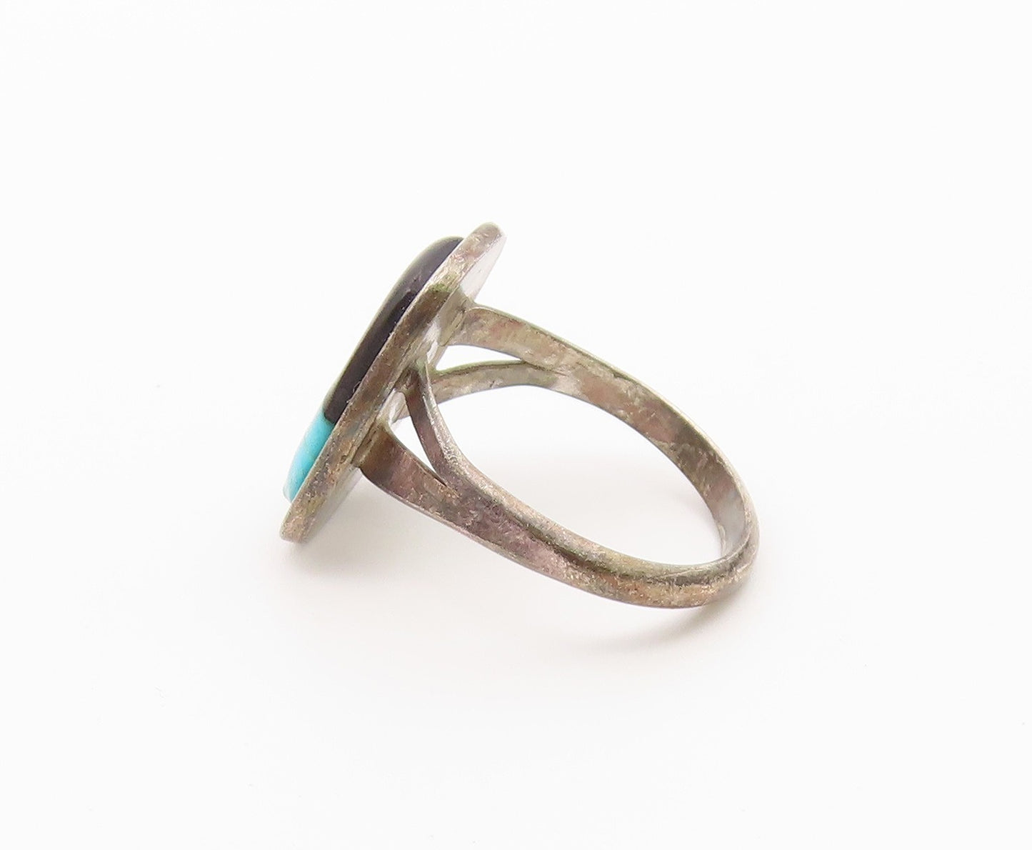 925 Sterling Silver Vintage Ring Modernist Turquoise & Onyx  Sz 7.5  RG36571