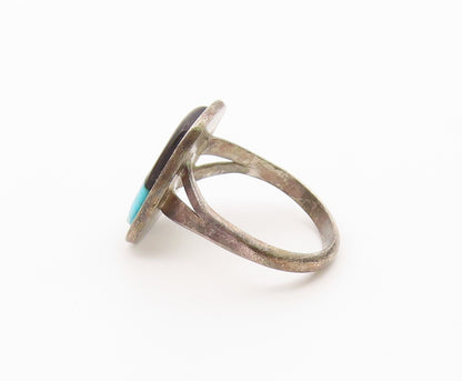 925 Sterling Silver Vintage Ring Modernist Turquoise & Onyx  Sz 7.5  RG36571