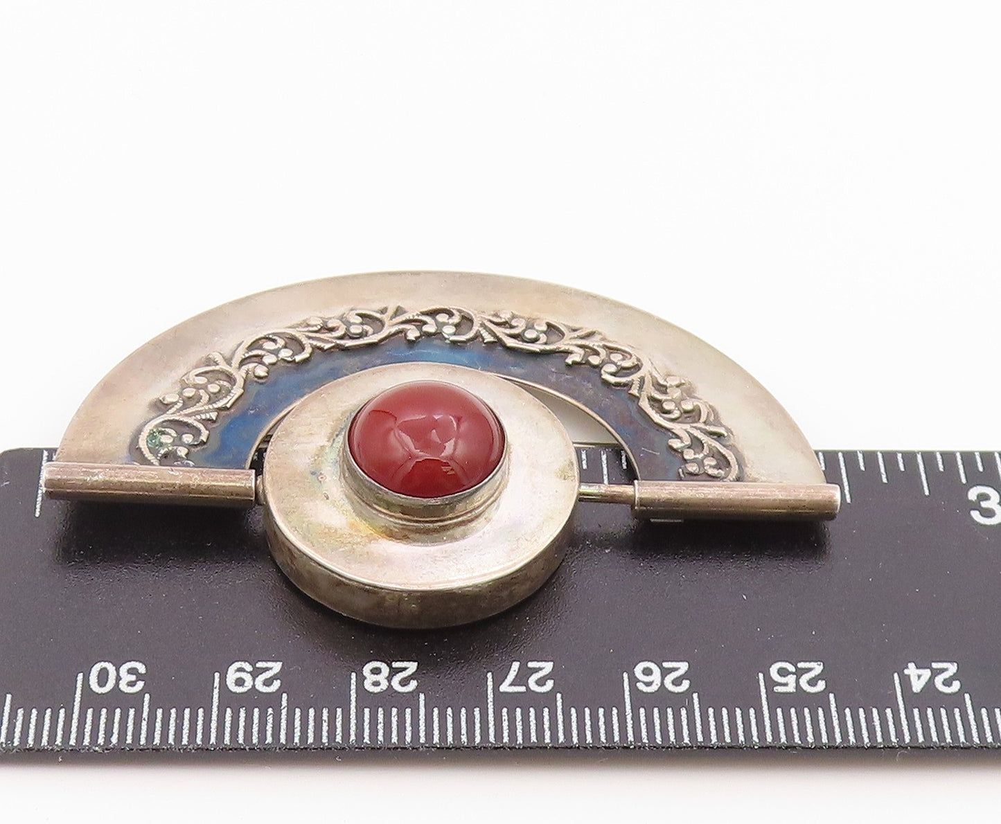 925 Sterling Silver Vintage Brooch Pin Cabochon Carnelian Filigree  BP12591