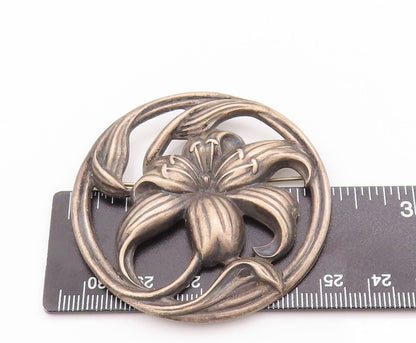 925 Sterling Silver Vintage Brooch Pin Antique Carved Framed Flower  BP10824