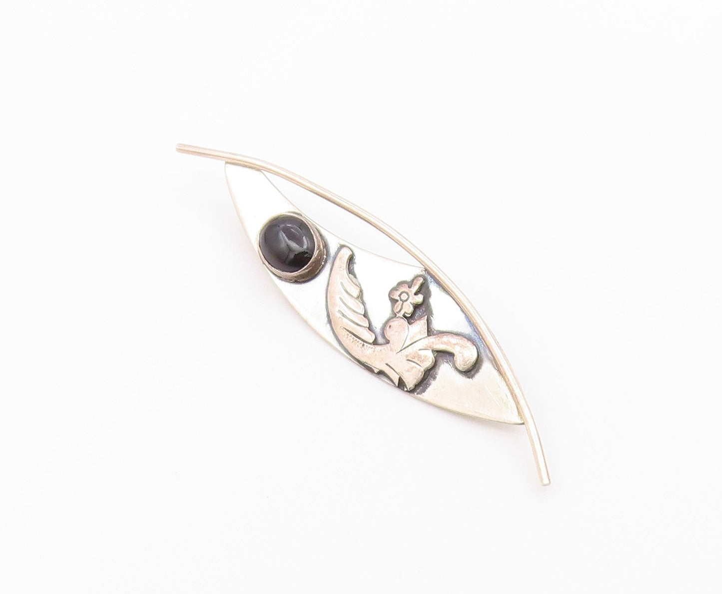 925 Sterling Silver  Vintage Cabochon Cut Black Onyx Shiny Brooch Pin  BP8305