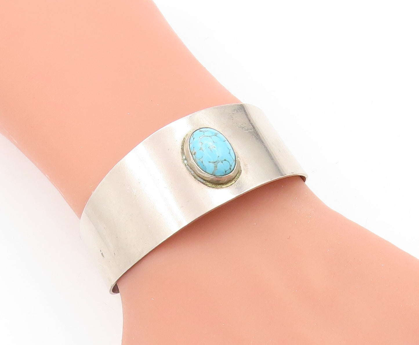 925 Sterling Silver Vintage Bracelet MEXICO Oval Turquoise Inlay Cuff  BT10932