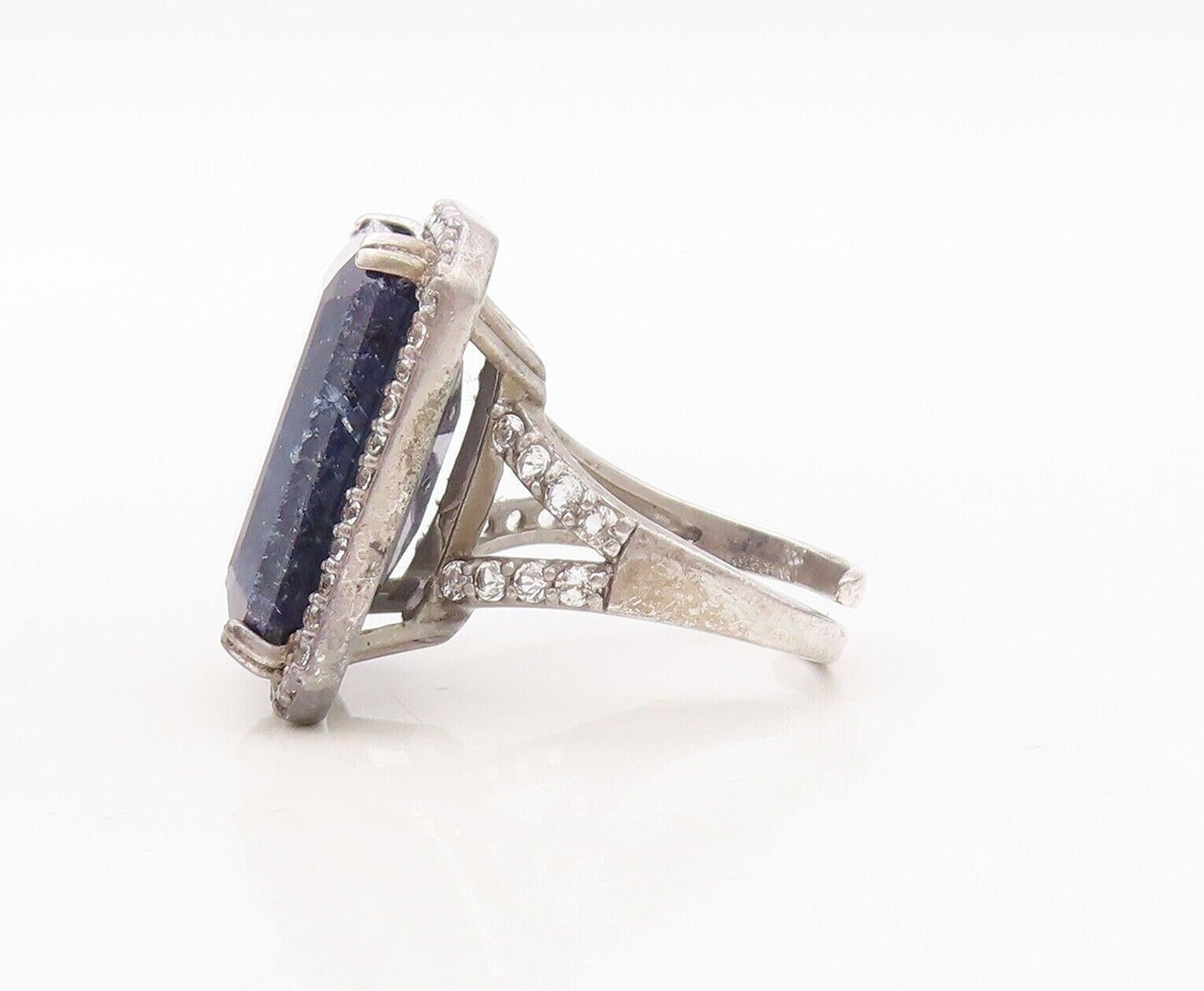 925 Sterling Silver Vintage Ring Rectangle Sapphire Halo Topaz  Sz 8  RG30489