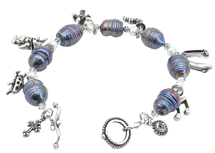 925 Sterling Silver  Vintage Blue & White Pearls Teddy Charm Bracelet  BT2607