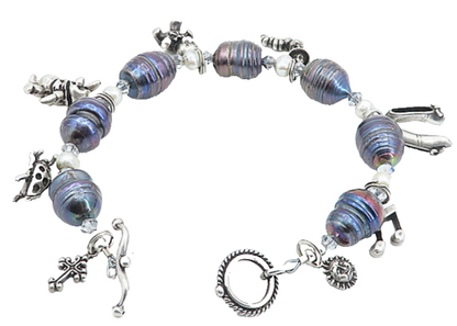 925 Sterling Silver  Vintage Blue & White Pearls Teddy Charm Bracelet  BT2607
