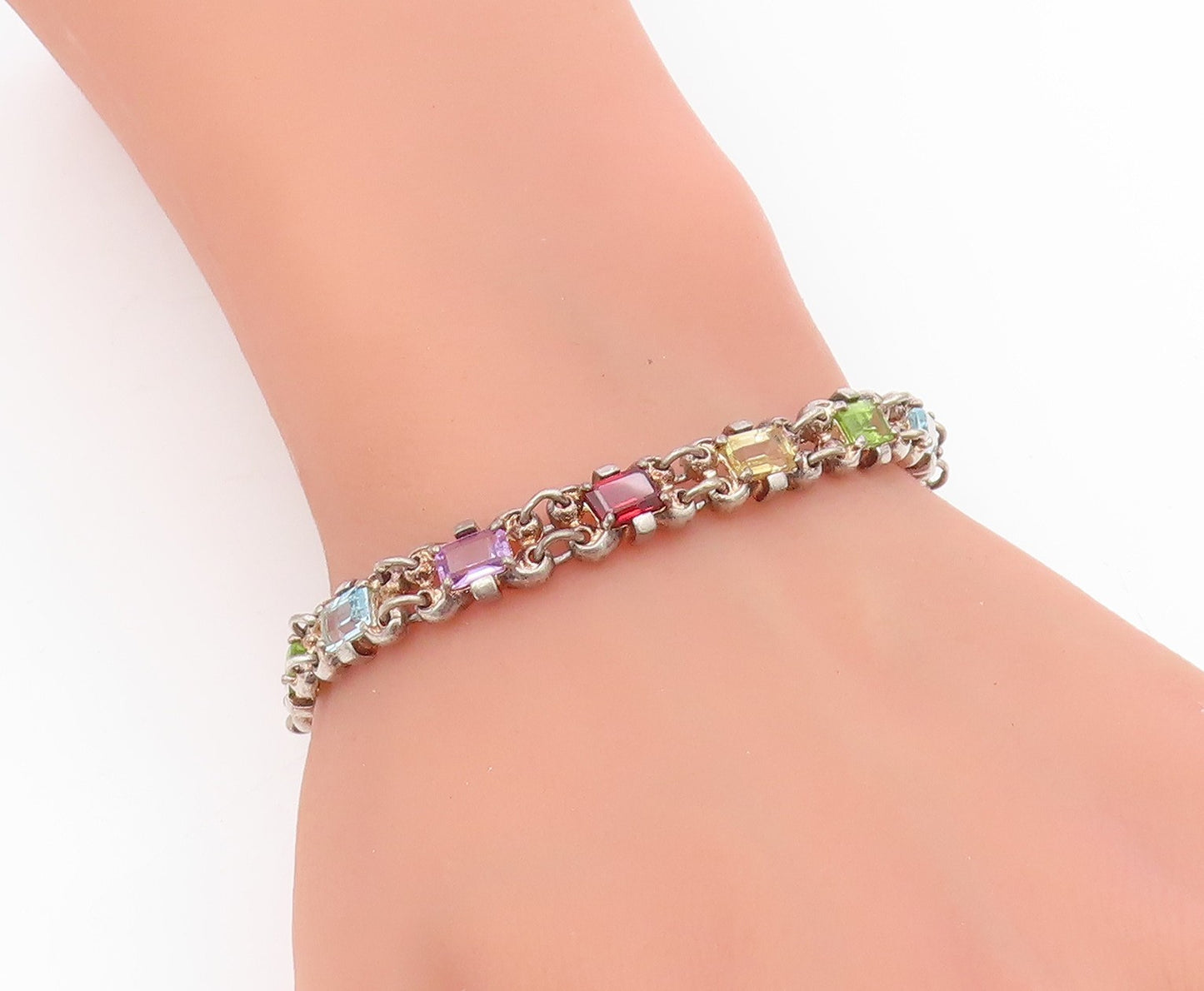 925 Sterling Silver Vintage Bracelet Elegant Multi Gemstone Link Chain  BT11691
