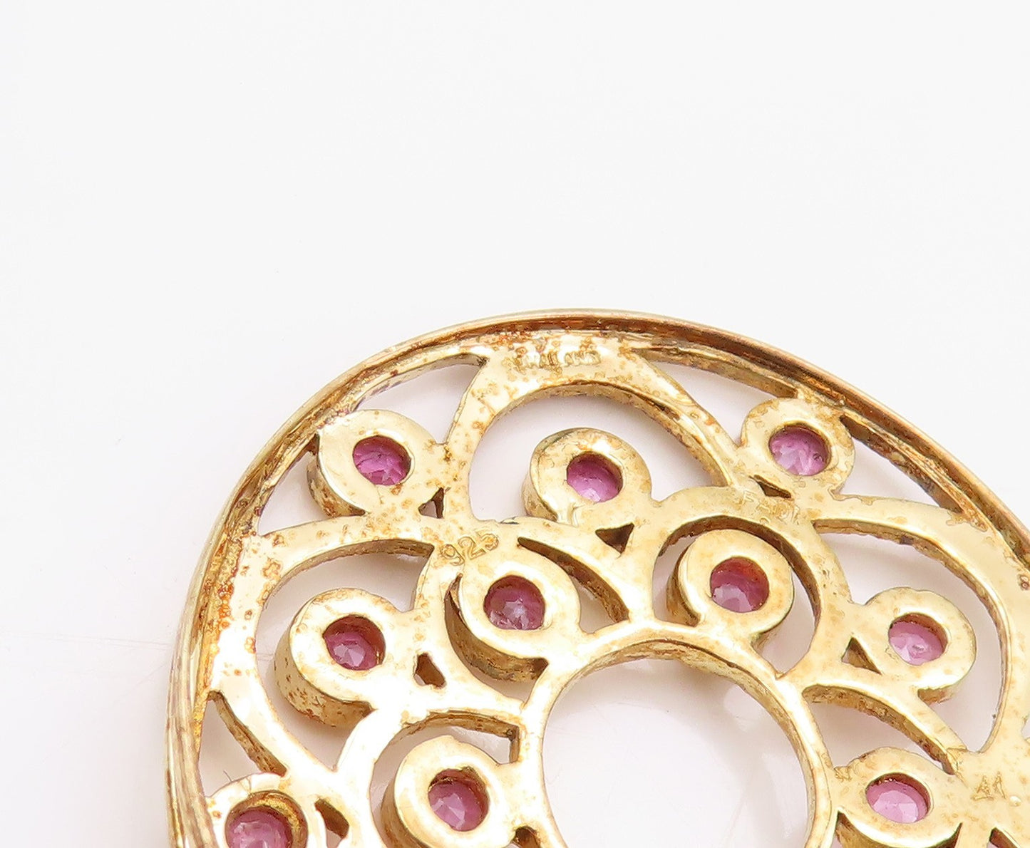 925 Sterling Silver Vintage Pendant Gold Plated Ruby Flower Cutout  PT24036