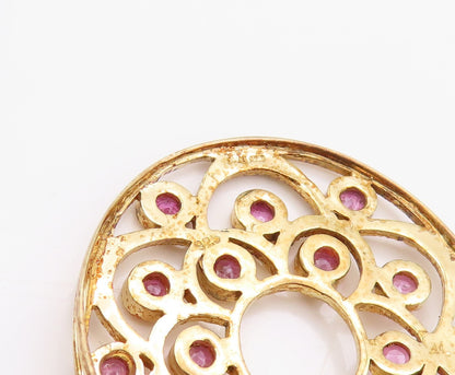 925 Sterling Silver Vintage Pendant Gold Plated Ruby Flower Cutout  PT24036