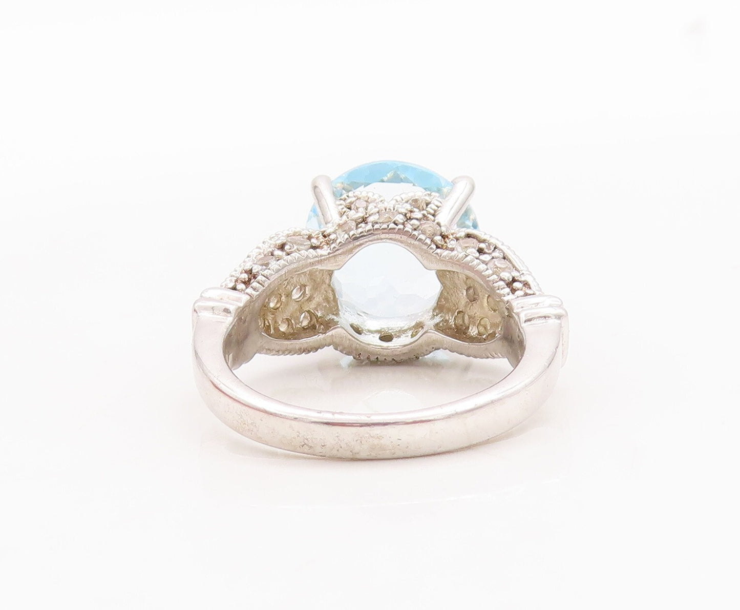 925 Sterling Silver Vintage Ring Floral Carved Blue & White Topaz  Sz 7  RG29648