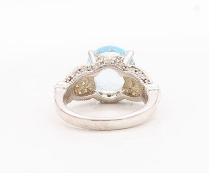 925 Sterling Silver Vintage Ring Floral Carved Blue & White Topaz  Sz 7  RG29648