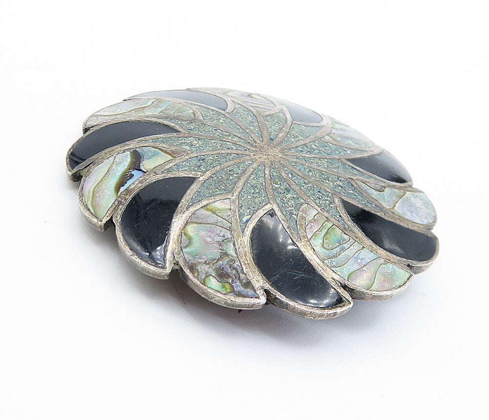 GARCIA MEXICO 925 Silver  Vintage Abalone Onyx & Jasper Brooch Pin  BP2817