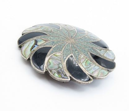 GARCIA MEXICO 925 Silver  Vintage Abalone Onyx & Jasper Brooch Pin  BP2817