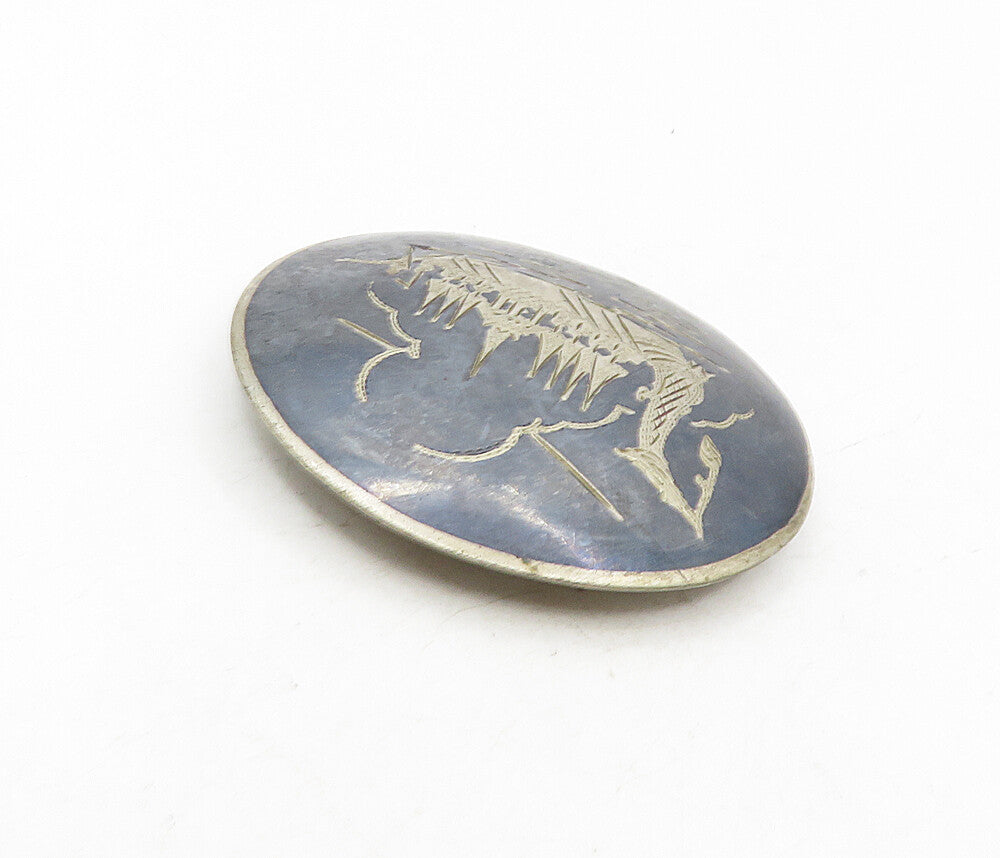 SIAM 925 Sterling Silver  Vintage Enamel Niello Dragon Boat Brooch Pin  BP3395