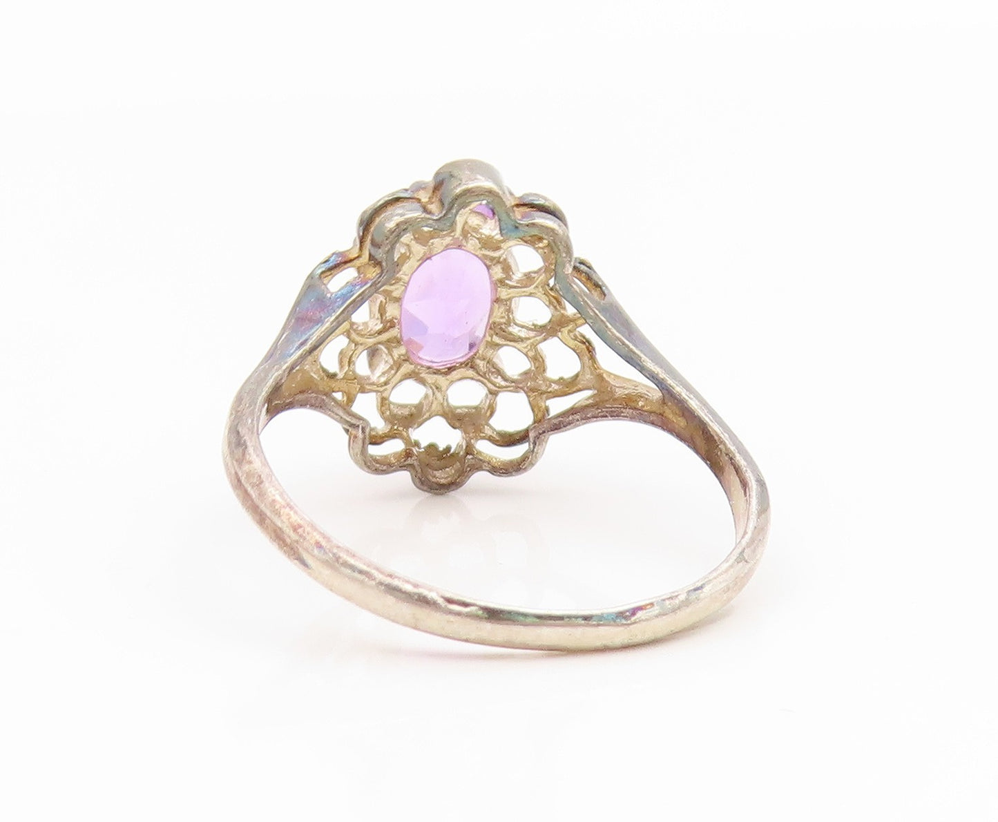 925 Sterling Silver Vintage Ring Oval Cut Amethyst Floral Cutout  Sz 8  RG35084