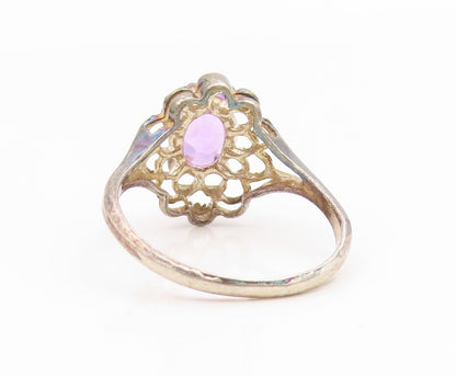 925 Sterling Silver Vintage Ring Oval Cut Amethyst Floral Cutout  Sz 8  RG35084