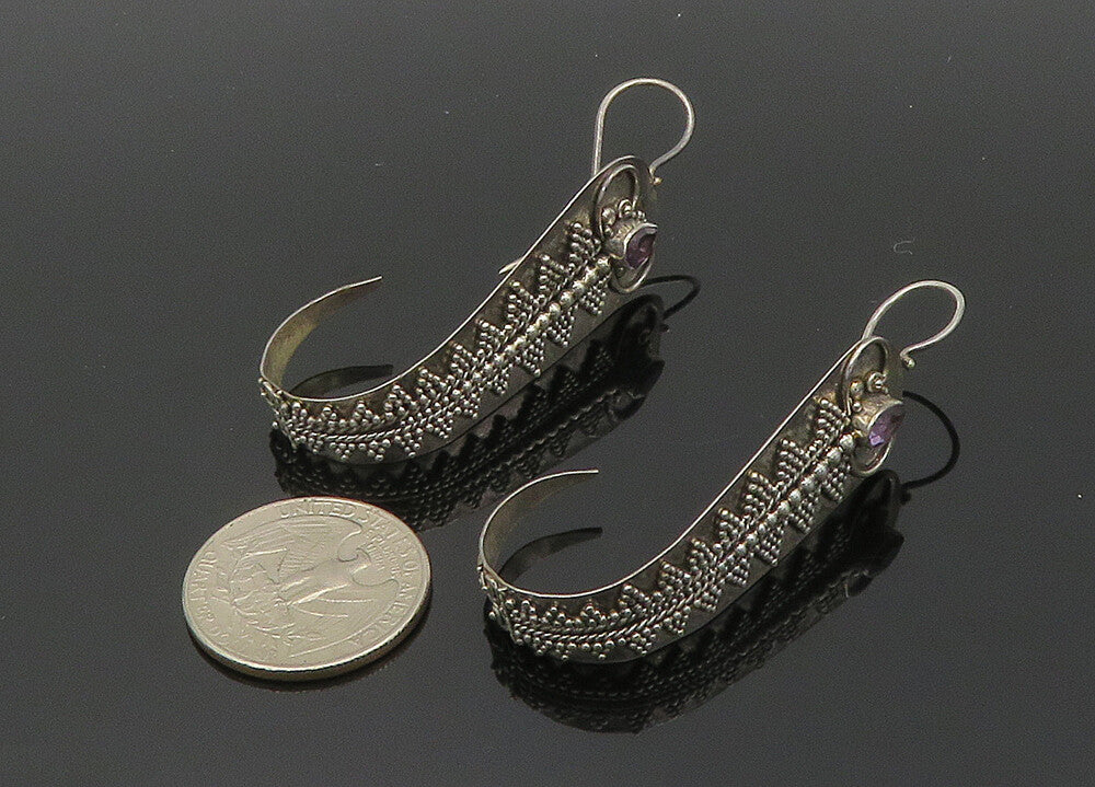 925 Sterling Silver  Vintage Amethyst Ornate Detail J Hoop Earrings  EG9997