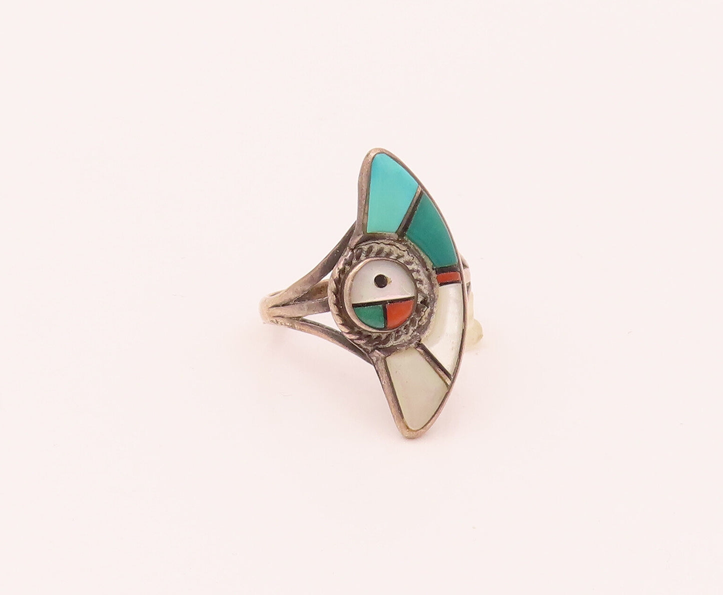 NAVAJO ZUNI 925 Silver  Vintage Inlay Turquoise Half Eye Ring Sz 8  RG26572