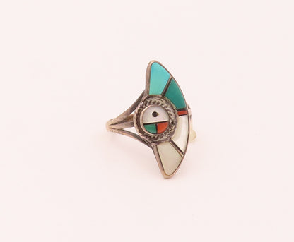 NAVAJO ZUNI 925 Silver  Vintage Inlay Turquoise Half Eye Ring Sz 8  RG26572