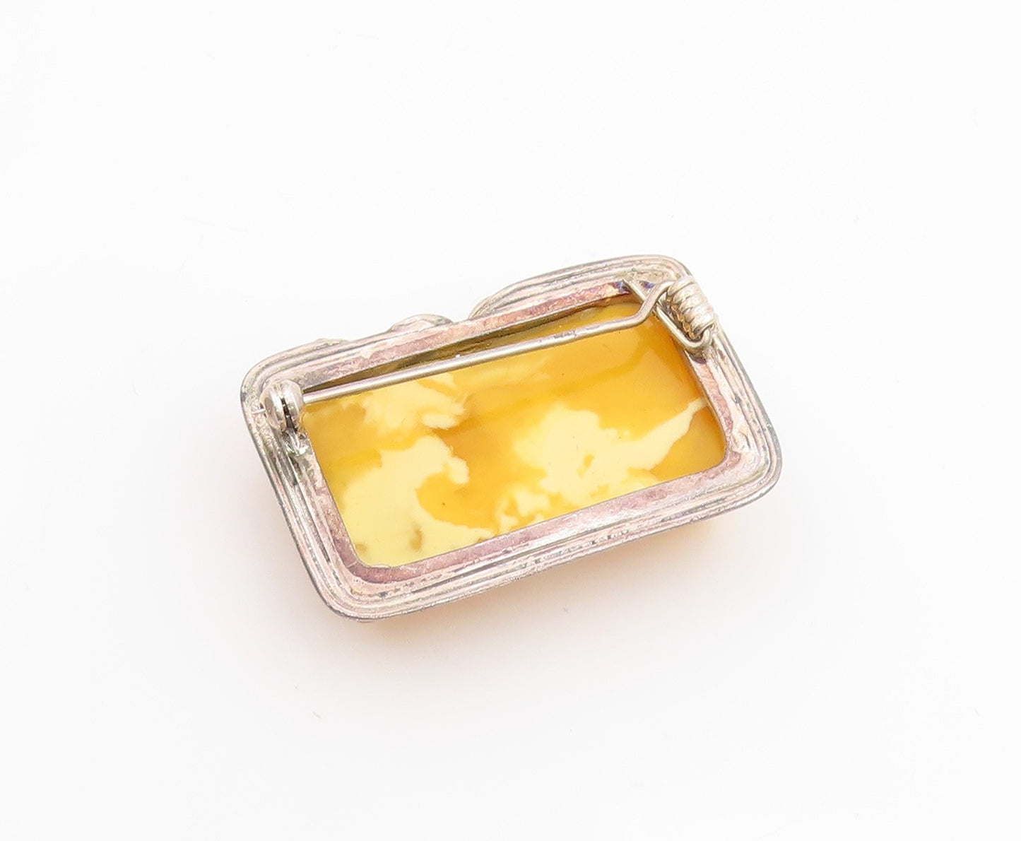 925 Sterling Silver Vintage Brooch POLAND Rectangular Amber Art Nouveau  BP11964