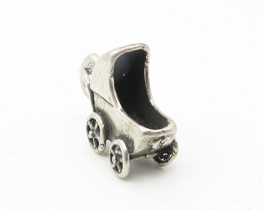 925 Sterling Silver  Vintage Petite Dark Tone Baby Carriage Pendant  PT9386