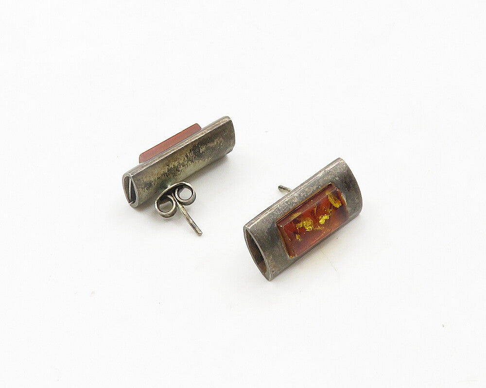 POLAND 925 Sterling Silver  Vintage Amber Dark Tone Drop Earrings  EG9623